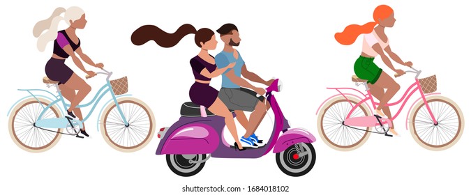 People riding scooters and bicycles. Cute trendy young vector characters on bikes. Isolated illustration set. Modern travel transport concept. 