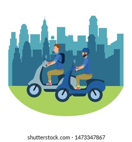 People riding scooters motorcycles with helmet on the city, urban scenery background ,vector illustration graphic design.