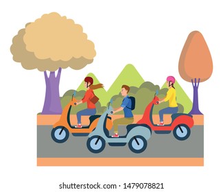 People riding scooters motorcycles with helmet on highway with landscape scenery ,vector illustration graphic design.