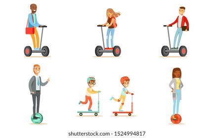 People Riding Self Balancing Scooters with One or Two Wheels, Young Men and Women Using Modern Individual Electric Transport, Cute Boys Riding Kick Scooters Vector Illustration