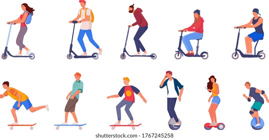 People riding set. People riding push-kick and electric scooter, monocycle, hoverboard, skateboard isolated on white background. Eco-friendly transport, sport and healthy lifestyle vector illustration