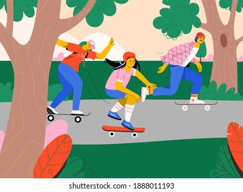 People riding skateboard at city park. Guy, teenagers boy and girl skater moves at forest or street, learn new tricks, enjoy hobby and activity. Urban sportive citizen. Vector character illustration