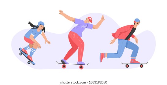 People riding skateboard isolated persons. Guy, teenagers boy and girl skater moves at city, learn new tricks, enjoy hobby, outdoor activities. Urban sportive citizen. Vector character illustration