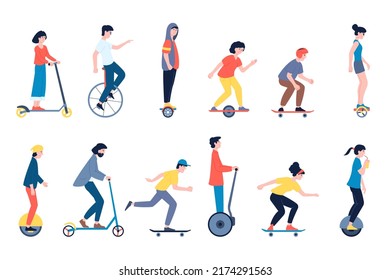 People riding skateboard. Teenage safety ride on segway and wheel transport. Person on skateboards and electric kick scooter. Personal alternative transport recent vector set