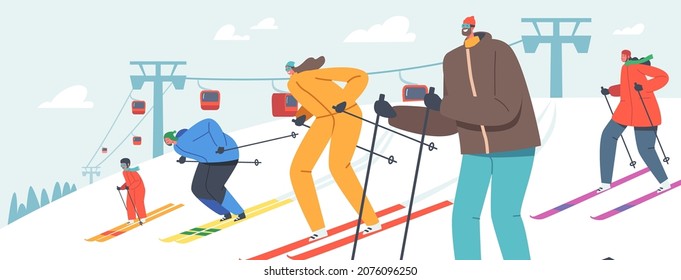 People Riding Skis by Snow Slopes on Winter Resort with Funicular. Travel Entertainment, Wintertime Season Holidays Activity. Sportsmen Fun on Ski Resort Going Downhill. Cartoon Vector Illustration