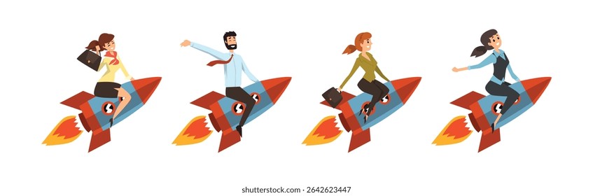 People Riding Space Rockets Flying in Sky as Leadership and Achievement Vector Set