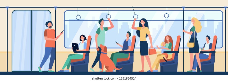 People riding subway train. Commuters sitting and standing in carriage. Vector illustration for metro passengers, commuting, public transport concept