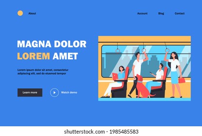 People riding subway train. Commuters sitting and standing in carriage. Vector illustration for metro passengers, commuting, public transport concept