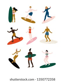 People Riding Surfboards set, Male and Female Surfers Enjoying Summer Vacation on Sea or Ocean Vector Illustration