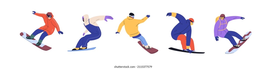 Gente montando snowboard en invierno. Los jinetes de la nieve se deslizan, saltan al aire libre. Diversos snowboard en movimiento. Actividades deportivas en invierno. Ilustraciones vectoriales planas aisladas en fondo blanco