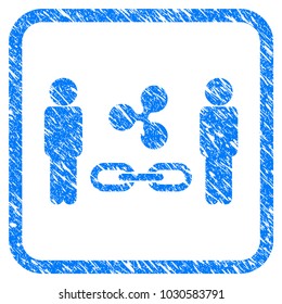 People Ripple Blockchain rubber seal stamp imitation. Icon vector symbol with grunge design and dust texture in rounded frame. Scratched blue sign on a white background.