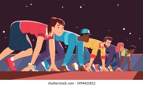 People rivalry, competition concept. Different nations and color persons standing crouching at starting line position, getting ready to run race and compete against. Flat vector character illustration