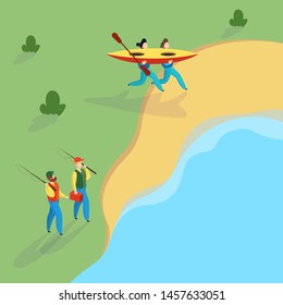 People at the river. Couple of active character with kayak. Water sport, adventure and outdoor activity. Equipment for rafting. Man fishing. Vector illustration in cartoon style