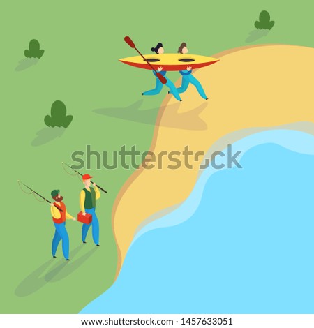 People at the river. Couple of active character with kayak. Water sport, adventure and outdoor activity. Equipment for rafting. Man fishing. Vector illustration in cartoon style