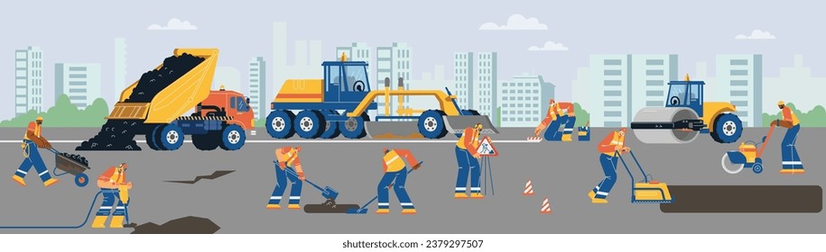 Imagen plana de la escena de reparación de la superficie de la carretera de la gente, ilustración vectorial. Hombres con uniforme especial con cascos, máquinas de reemplazo de asfalto, proceso de trabajo. Signos y conos