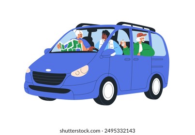 Personas en viajes por carretera, aventura en furgoneta. Viejos personajes de viaje, en coche. Familia, conductor y pasajeros mayores con mapa en viaje juntos. Ilustración vectorial plana aislada sobre fondo blanco