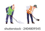 People road worker cartoon characters working with shovel digging ground and cleaning snow