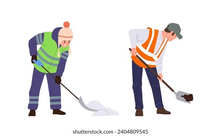 People road worker cartoon characters working with shovel digging ground and cleaning snow