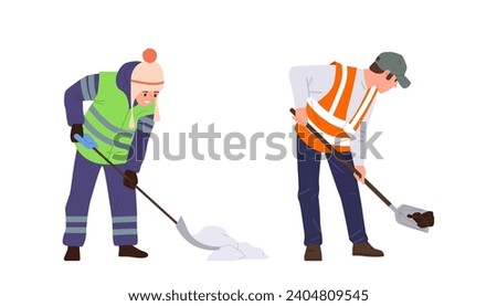 People road worker cartoon characters working with shovel digging ground and cleaning snow