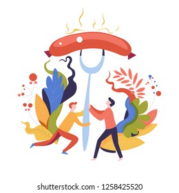 People with roasted sauce on fork barbeque and men vector friends having dinner on nature with foliage and flora vegetation and floral decoration roast food bbq grilled meat with beef pork lunch.