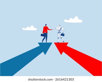 people with robot Cooperation partnership, work together for success, agreement  businessmen handshake with robot on growth arrow joining connection agree to work together