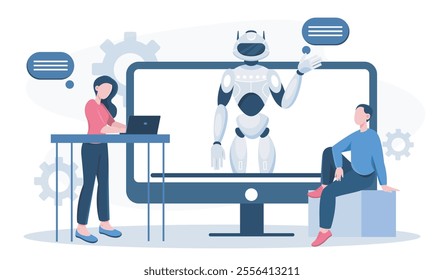 People with robot. Man and woman with laptop near computer with cyborg on screen. Artificial intelligence and machine learning. Flat vector illustration isolated on white background