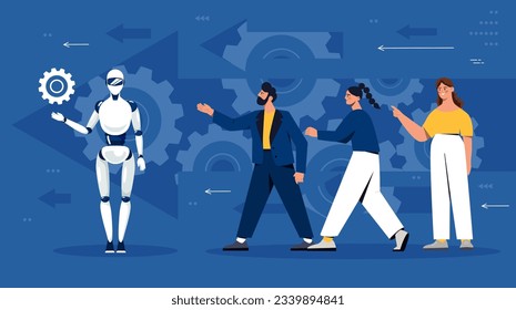 Gente con el concepto de progreso de robots. Inteligencia artificial y aprendizaje automático. Hombres y mujeres con ciborg. Tecnologías e innovaciones modernas. Dibujo vectorial plano de dibujos animados