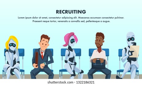 People and Robot Sit in Queue for Job Interview. Human Resource and Modern Technology Hire. Artificial Intelligence Recruitment. Worried Businessman in Suit. Flat Cartoon Vector Illustration