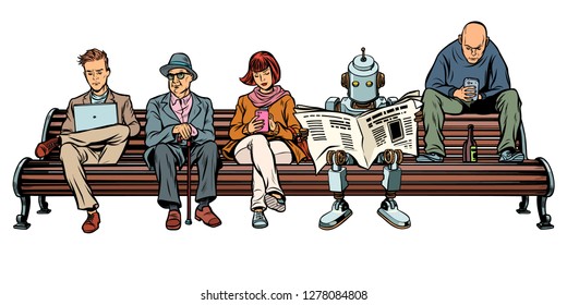 People and a robot sitting on a Park bench. Pop art retro vector illustration kitsch vintage