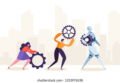 People and Robot Working Together. Human Characters and Robotic Rolling Gear. Future Man and Ai Partnership Concept. Flat Cartoon Vector Illustration