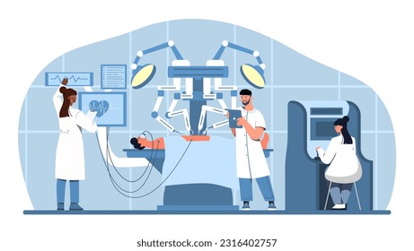 Menschen mit Roboterchirurgie-Konzept. Männer und Frauen in medizinischen Ziegen operieren, Ärzte mit Patienten. Behandlung und Genesung im Krankenhaus. Cartoon-Flavektor-Vektorgrafik