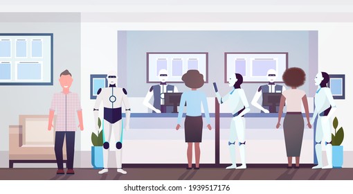 people and robots at counter tellers with robotic clerks artificial intelligence technology concept modern bank client office interior horizontal full length vector illustration