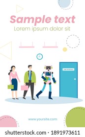 Gente y robots haciendo fila para entrevistar ilustraciones planas vectoriales. Competencia de personajes humanos y tecnología androide para trabajos. Concepto de empleo y contratación