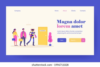 People and robots standing in line for interview flat vector illustration. Competition of human characters and androids technology for jobs. Employment and recruitment concept