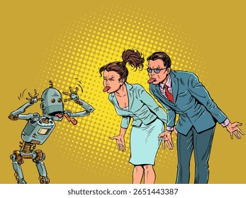 People and robots stick out their tongues at each other. Conflict with artificial intelligence. AI replacing professional employees. Pop Art Retro Vector Illustration Kitsch Vintage 50s 60s Style