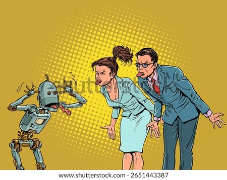 People and robots stick out their tongues at each other. Conflict with artificial intelligence. AI replacing professional employees. Pop Art Retro Vector Illustration Kitsch Vintage 50s 60s Style