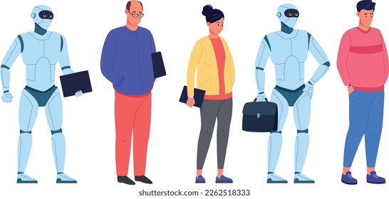 People and robots waiting in line. Futuristic work isolated on white background