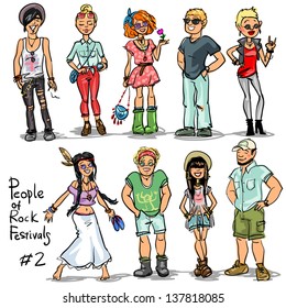 People of Rock Music Festivals. Hand drawn cartoon characters, set.