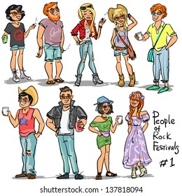 People of Rock Music Festivals. Hand drawn cartoon characters, set.