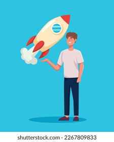 people with rocket launch business start up vector illustration