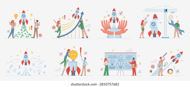People with rocket. Startup launch and business growth, team developing innovative project, strategy planning, funding, successful product development nowaday vector cartoon flat style isolated set