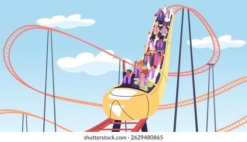 People roller coaster. Friends coworkers ride on rollercoaster in amusement park, thrill happy emotion extreme attraction fast train rail, summer holiday classy vector illustration original artwork