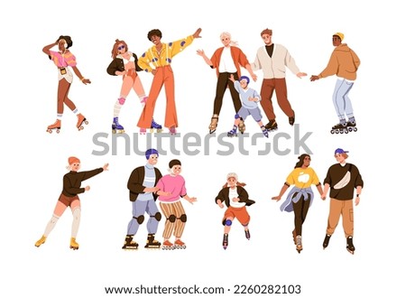 People roller skating set. Happy men, women, child skaters on rollerblades. Family, old couple, young friends, teen during fun sport activity. Flat vector illustrations isolated on white background