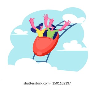 People Rollercoaster Rides. Man And Girl Riding Fast On Russian Mountains Amusement Rides, Happy Laughing Or Excited Scared With Hands Up On Attraction Park Background. Flat Vector Illustration