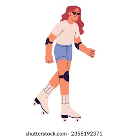 People rollerskate on summer vacation. Young woman skate on roller in sunglasses. Girl in kneepads ride on rollerblade in urban outfit. Flat isolated vector illustration on white background