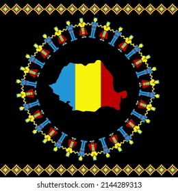 People In Romanian Flag Colors Dancing Around The Romania Map Colored With Flag Colors