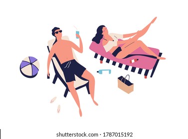 People, romantic couple sunbathing on beach. Woman spreading sun protection cream, lotion. Man siping cocktail. Summer vacation, chill, lounge. Cartoon flat illustration isolated on white background