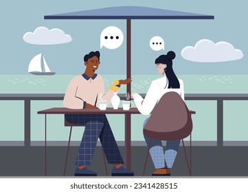 People at romantic date concept. Man and woman sitting at table at coastline. Outdoor cafe or restaurant. Young couple near sea. Love and romantic meeting. Cartoon flat vector illustration