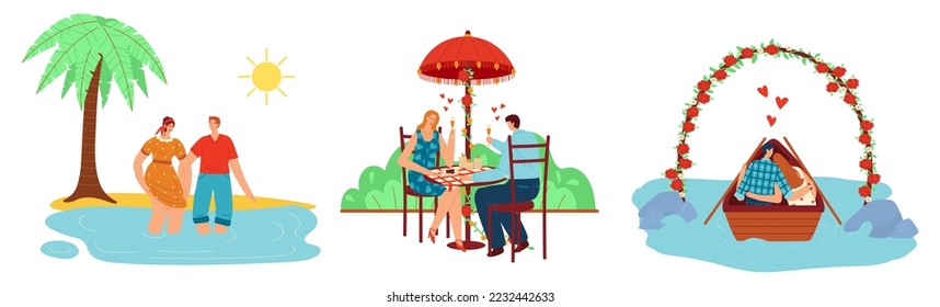 Gente con un juego de citas romántico, ilustración vectorial, personaje de mujer llana juntos velero bajo arco de flores, pareja feliz cena