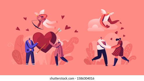 People in Romantic Relationship. Couples on Date Holding Red Heart with Arrow. Cupid with Bow Flying in Sky. Characters Falling in Love. Valentines Day Dream Romance. Cartoon Flat Vector Illustration